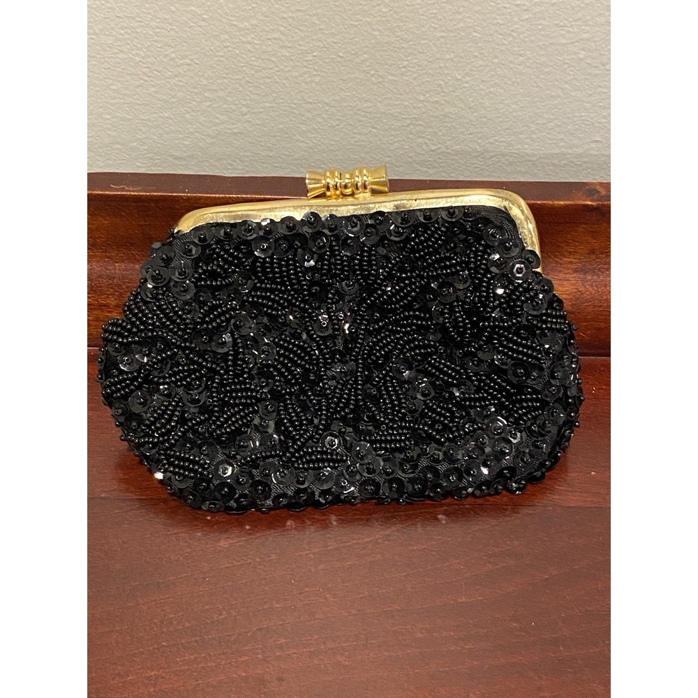 Vintage Hand Beaded Hong Kong Black Sequin Coin Purse Gold Kiss Lock Clutch Bag